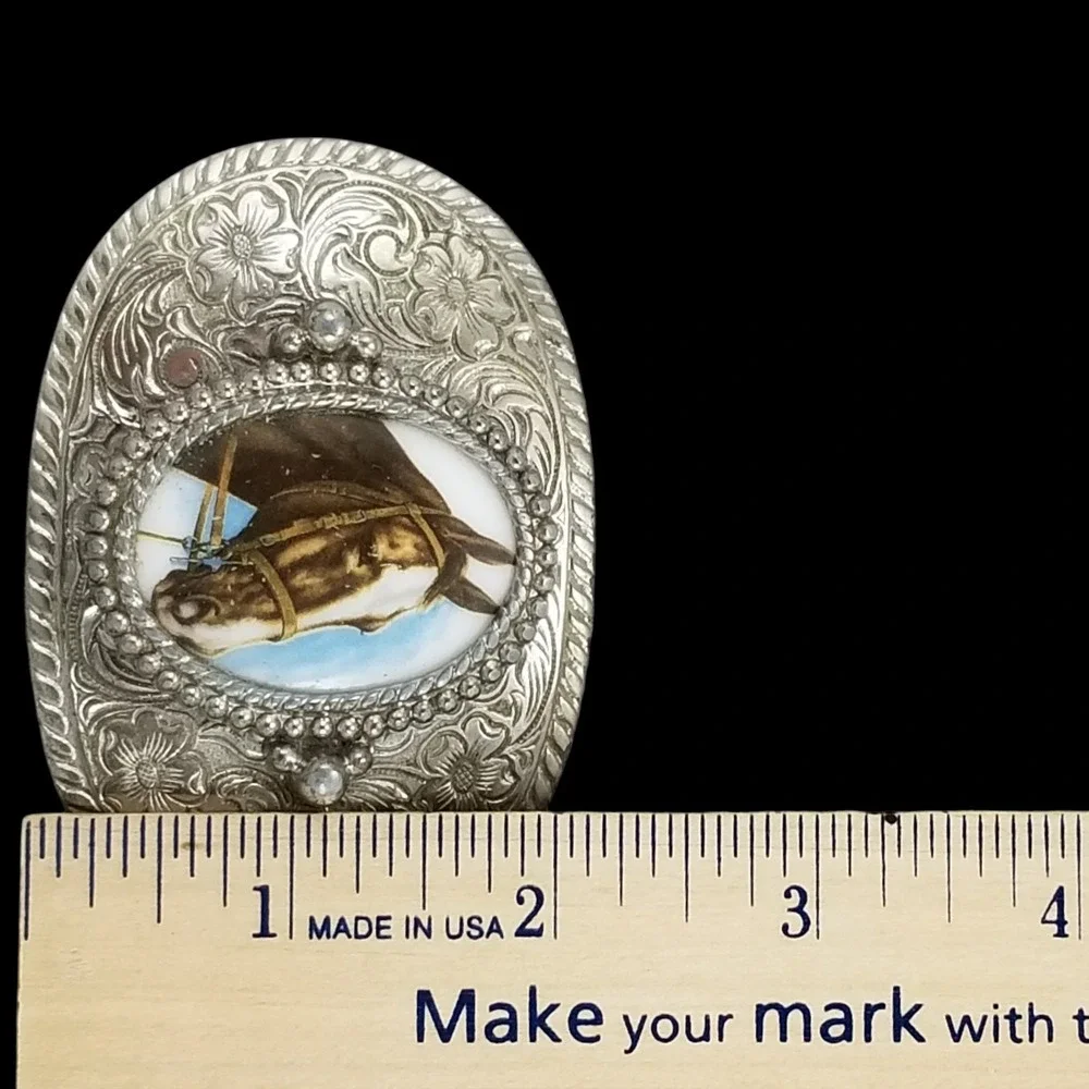 Western Cowboy Horse Head Oval Belt Buckle Silver Tone Ornate Engraved‎
